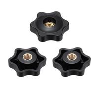 sourcing map 3pcs Star Clamping Nuts 1/4" Female Thread 32mm 6-Point Plastic Head Brass Insert Through Hole Screw-in Threaded Knob Hand Tightening Clamping Handles, Black