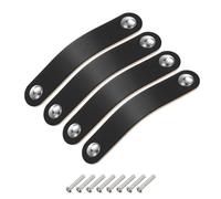 Sourcing Map 4 Pack Black/Silver Leather Drawer Knobs, Double Hole, 14 x 2.5 cm/5.5 x 1 inch, 96 mm Hole Spacing, Dresser Handles with Screws