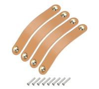 sourcing map 4 Packs Leather Drawer Pulls, Double Hole Leather Drawer Knobs Furniture Dresser Handles Pulls with Screws for Dressers Drawers Closet Cupboard, Beige/Gold(Hole Spacing:128mm)