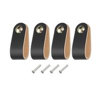 sourcing map 4 Packs Leather Drawer Pulls, Single Hole Leather Drawer Knobs Furniture Dresser Handles Pulls with Screws for Dressers Drawers Closet Kitchen Cupboard, Black/Gold
