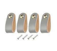 sourcing map 4 Packs Leather Drawer Pulls, Single Hole Leather Drawer Knobs Furniture Dresser Handles Pulls with Screws for Dressers Drawers Closet Kitchen Cupboard, Grey/Gold