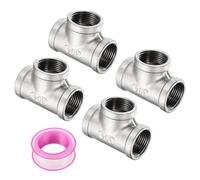 sourcing map 4 Pcs 304 Stainless Steel Tee Pipe Fittings G3/4" Female Tee Adapter 3 Way t Shaped Cast Pipe Fitting Connector with Seal Tape for Plumbing Drainage Pipes Heating Systems