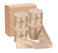 sourcing map 4 Pcs Chiffon Ribbon, 1 1/2" x5 Yard Silk Ribbon, Champagne Gold Glitter Fabric Ribbon Handmade Fringe Frayed Ribbon for Flower Bouquet Gift Wrapping DIY Crafts Wedding