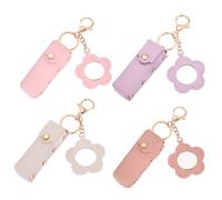 sourcing map 4 Pcs Lip Stick Holder Keychain, Portable PU Leather Lip Balm Holder Keychain with Flower Mirror Makeup Storage Case Charm for Women Travel Party Gift, Pink/Green/White/Dusty Pink