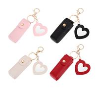 sourcing map 4 Pcs Lip Stick Holder Keychain, Portable PU Leather Lip Balm Holder Keychain with Heart Mirror Makeup Storage Case Charm for Women Travel Party Gift, Black/White/Pink/Red