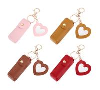 sourcing map 4 Pcs Lip Stick Holder Keychain, Portable PU Leather Lip Balm Holder Keychain with Heart Mirror Makeup Storage Case Charm for Women Travel Party Gift, Pink/Red/Brown/Light Brown