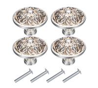 sourcing map 4 Sets Vintage Drawer Knobs with Flower Patterns 1.3" Long Retro Floral Dresser Drawer Knobs with Screws Zinc Alloy for Dresser Drawer Furniture Closet Cupboard Silver Tone