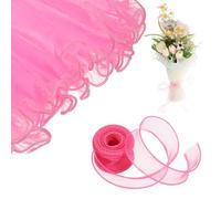 sourcing map 4 Yards Flower Wrapping Mesh Paper Bouquet Floral Packaging Paper with Organza Ribbon for Valentine's Day Wedding Birthday Florist Supplies, Water Pink/Rose Red