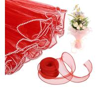 sourcing map 4 Yards Flower Wrapping Mesh Paper Pearl Edge Bouquet Floral Packaging Paper with Organza Ribbon for Valentine's Day Wedding Birthday Florist Supplies, Bright Red