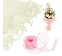 sourcing map 4 Yards Flower Wrapping Mesh Paper Pearl Edge Bouquet Floral Packaging Paper with Organza Ribbon for Valentine's Day Wedding Birthday Florist Supplies, Beige/Light Pink