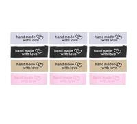 sourcing map 40pcs Sewing Labels, Handmade with Love Labels Personalized Satin Embossed Tags Woven Sew on Clothing, Fabric for DIY Knitting Crocheting Sewing Crafts (White,Black,Pink,Brown)