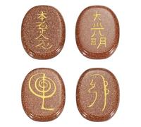 sourcing map 4Pcs Engraved Chakra Stones with Reiki Symbols, Gold Sand Stone Reiki Healing Crystals Gemstone 7 Chakra Crystal Stones Tumbled Palm Stones for Anxiety Relieve