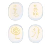 sourcing map 4Pcs Engraved Chakra Stones with Reiki Symbols, Opalite Reiki Healing Crystals Gemstone 7 Chakra Crystal Stones Tumbled Palm Stones for Anxiety Relieve