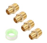 sourcing map 4pcs Hex Nipple Brass Pipe Fitting, 3/8 NPT Male x 1/2 NPT Male Threaded Pipe Adapter Pipe Connector with PTFE Tape, Gold Tone