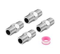 sourcing map 4pcs Hex Nipple Stainless Steel Pipe Fitting G1/2" Male x G1/4" Male Threaded Pipe Adapter Pipe Connector with PTFE Tape for Water, Gas, Fuel Pipeline (Silver Tone, 33.5mm/1.3")