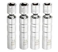 sourcing map 4pcs Spark Plug Socket 3/8" Drive 14/16mm Swivel Magnetic 12 Point Thin Wall Spark Plug Socket with 360 Degree Swivel CR-V Steel, Matte Silver