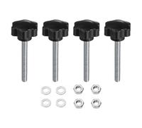 sourcing map 4pcs Star Clamping Knobs with Nuts Washers, M10 x 80mm Metric Zinc Plated Carbon Steel Male Thread 48mm 6-Star Plastic Head, Threaded Stud Hand Knobs Handles Thumb Screws, Black