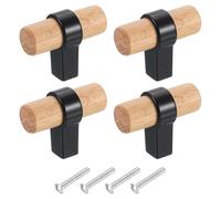 sourcing map 4Pcs T-Bar Wooden Drawer Pulls, 1.57" x 0.71" Wood Cabinet Pulls Single Hole Drawer Knobs with Black Base and Screws for Home Kitchen Room Closet Cupboard, Beech