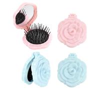sourcing map 4Pcs Travel Hair Brush with Mirror, Rose Shape Mini Massage Hairbrush Makeup Pocket Mirror Folding Comb for Purse Women Girls Gym Camping Party and Daily Use, Pink/Sky Blue