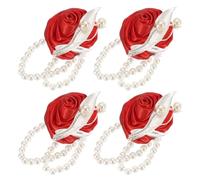 sourcing map 4Pcs Wrist Corsage Artificial Flower with Faux Pearl Bracelets Rose Wrist Bride Groom Decorative for Wedding Ceremony Prom Party Anniversary, 2.4 x 2.8 Inch Red