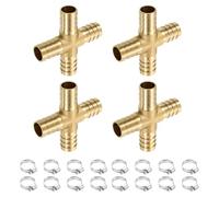 sourcing map 4Set Brass Cross Pipe Fitting with Hose Clamp, 16mm Cross Barb Union Fitting Pipe Adapter for Water/Fuel/Air Transport Connect Pipelines