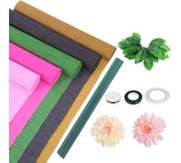 sourcing map 5 Colors Crepe Paper Flower Kit 8.2ft x 10 in Colorful Crepe Paper Rolls with 50 Pcs Floral Iron Wire Stem 20 Pcs Leaves 2 Roll Tape for Wedding Holiday Party Decoration