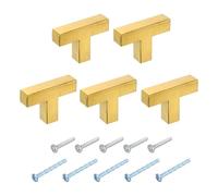 sourcing map 5 Pack Single Hole Cabinet Handles, 2"/50mm Square Bar Cabinet Knobs Stainless Steel Dresser Knobs t Bar Drawer Pulls for Cabinet Hardware, Gold