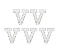 sourcing map 5 Pcs Iron on Pearl Letter V Patches, Pearl Rhinestone A-Z Alphabet Self Adhesive Sew on Patches, Glitter Letter Applique for Clothes Fabric DIY Backpack, White