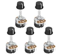 sourcing map 5 Set 250K Ohm Rotary Potentiometers, WH138 3 Pin Single Turn Linear Taper Variable Resistor Potentiometer with Switch 24mm Black Plastic Knob Cap for Inverter Speed Regulation