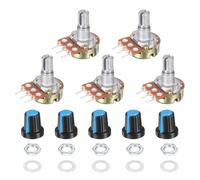 sourcing map 5 Set WH148 20K Potentiometer Kit, Ohm Variable Resistor Linear Taper Adjustable Rotary Potentiometer for Audio Applications Devices with Plastic Knobs Nuts and Washers, Blue