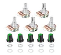 sourcing map 5 Set WH148 500K Potentiometer Kit, Ohm Variable Resistor Linear Taper Adjustable Rotary Potentiometer for Audio Applications Devices with Plastic Knobs Nuts and Washers, Green