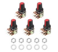 sourcing map 5 Set WH148 B250K Ohm Potentiometer Kit, 6-Pin Split Shaft Rotary Linear Dual Taper Rotary Audio Potentiometer with Knob Nut and Washer for Audio Volume Control, 15mm Shaft, Red