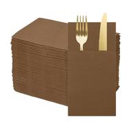 sourcing map 50 Pcs Disposable Linen Feel Napkins with Built-in Flatware Pockets, Paper Dinner Napkins for Knife and Forks, Hand Towels for Wedding Party Brown