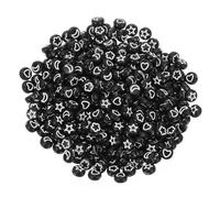 sourcing map 500 Pcs Black Acrylic Star Moon Heart Flower Beads, 7x4mm Flat Round Disc Coin Pony Beads with Pure White Pattern for Jewelry Making DIY Friendship Bracelets Necklace