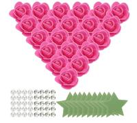 sourcing map 500pcs Foam Rose Heads, 1.4" Artificial Bulk Stemless Foam Fake Flowers with Leaves Pearls Diamonds for DIY Crafts Accessories, Wedding Bouquets, Home Decorations, Rose Red