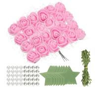 sourcing map 504pcs Foam Rose Heads, 1" Artificial Bulk Stemless Foam Fake Flowers with Leaves Pearls Diamonds for DIY Crafts Accessories, Wedding Bouquets, Home Decorations, Dark Pink