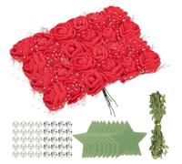 sourcing map 504pcs Foam Rose Heads, 1" Artificial Bulk Stemless Foam Fake Flowers with Leaves Pearls Diamonds for DIY Crafts Accessories, Wedding Bouquets, Home Decorations, Coral Red