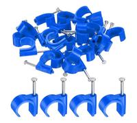 sourcing map 50pcs Cable Clips with Nail 20mm Circular Single Hook Half Clamp J-Hook with Nail Cord Clips for Wires on Wall for Ethernet Tacks Coax Pex Tubing Pipe Support, Blue