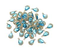 sourcing map 50pcs Faceted Teardrop Glass Pendants, Lake Blue Crystal Glass Drop Beads Charm Transparent Pendants with Floral Brass Setting for Earring Jewelry Craft Making DIY Accessories