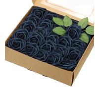 sourcing map 50Pcs Fake Roses with Stems, 3.15 Inch Foam Roses Artificial Flowers for DIY Craft Wedding Bouquets and Party Decoration(Navy Blue)