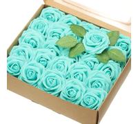 sourcing map 50Pcs Fake Roses with Stems, 3.15 Inch Foam Roses Artificial Flowers for DIY Craft Wedding Bouquets and Party Decoration(Turquoise)