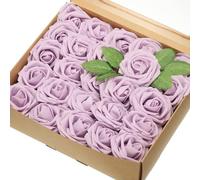 sourcing map 50Pcs Fake Roses with Stems, 3.15 Inch Foam Roses Artificial Flowers for DIY Craft Wedding Bouquets and Party Decoration(Light Purple)