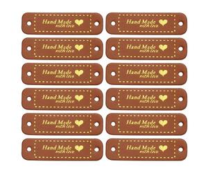 sourcing map 50pcs Handmade PU Leather Label Sew on Embossed Tag Embellishment 2.17" L for Jeans Bags Shoes Hat Brown Gold