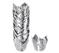 sourcing map 50Pcs Tulip Cupcake Liners Standard Aluminum Foil Baking Cups Greaseproof Wrappers Disposable for Birthday Banquets Party, Silver Tone