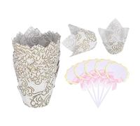 sourcing map 50Pcs Tulip Cupcake Liners with 5Pcs Cheese Markers, Muffins Liners Cloud Paper Greaseproof Wrappers Baking Cups with Writable Toppers for Wedding Birthday Shower Party, White Gold