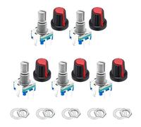 sourcing map 5Pack EC11 Rotary Encoder Code Switch, 15mm Full Shaft Digital Potentiometer 5 Pins with Push Button for Audio, DIY, Instrument Control, DVD, With Red Plastic Knob