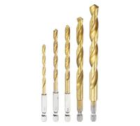 sourcing map 5pcs 1/4" Hex Shank Titanium Twist Drill Bit Set 5 Sizes 4/5/6/8/10mm Drilling Dia High Speed Steel Drills for Hardened Metal, Stainless Steel, Cast Iron, Wood, Plastic