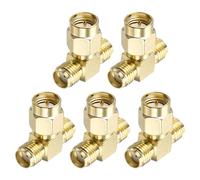 sourcing map 5Pcs 3 Way SMA Splitter Adapter SMA Male to Dual Female Adapter Converter 50 Ohm for Antennas, Signal Monitoring, Test Bench, Wifi Router, Car Navigation, Gold