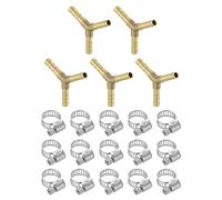 sourcing map 5pcs Brass Hose Barb Fittings, 3-Way Y-Shaped 1/4" Barbed x 1/4" Barbed x 1/4" Barbed Hose Reducer, Brass Barb Fitting Reducer with 15pcs Hose Clamps for Water Fuel Air