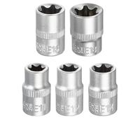 sourcing map 5pcs E-Torx Socket 3/8" Drive E11/E12/E14/E16/E18 Star Metric Socket 1.2" Length External Torx Shallow Sleeve 35K Alloy Steel Chrome 6 Point Spline Sleeve for Auto Repairs